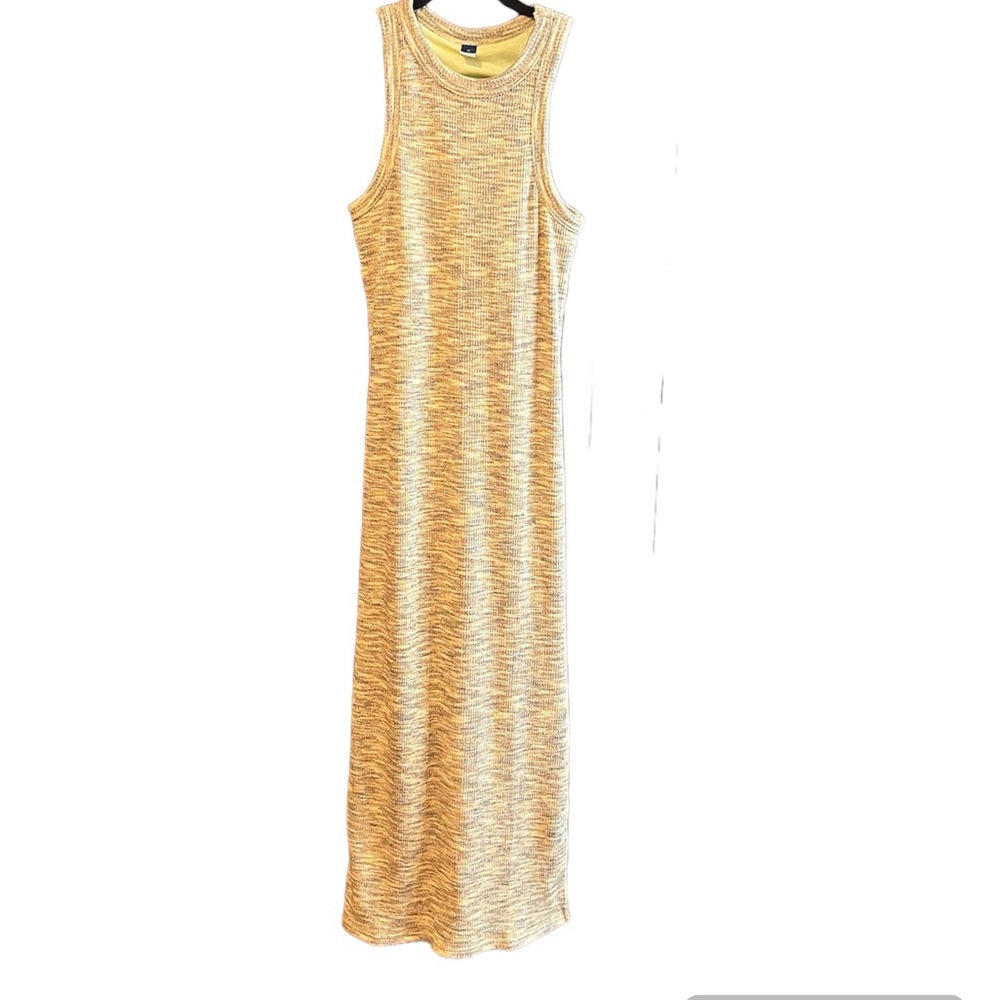 Old Navy Yellow Gray Marled Knit Sleeveless Maxi Dress Small Built-in Bra Slit S